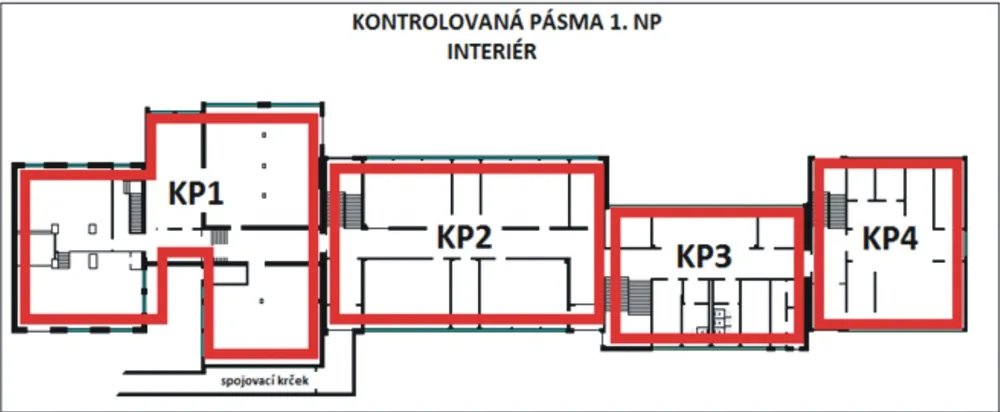 Plán budovy s vyznačenými kontrolovanými pásmy